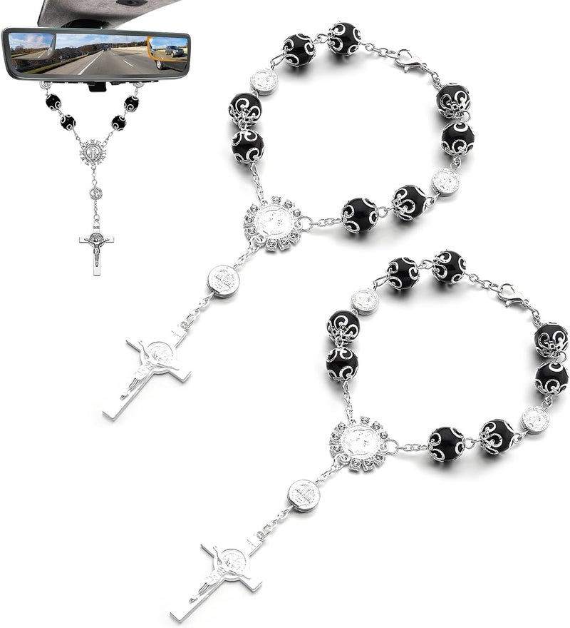 SHMZK 2 PCS Car Rosary for Rearview Mirror, Personalized Blessing Hanging Pendant for Car Rear View Mirror, Cross Rosary Ornament Interior Decor for Most Vehicles, Car Accessories (Black) - Image 1